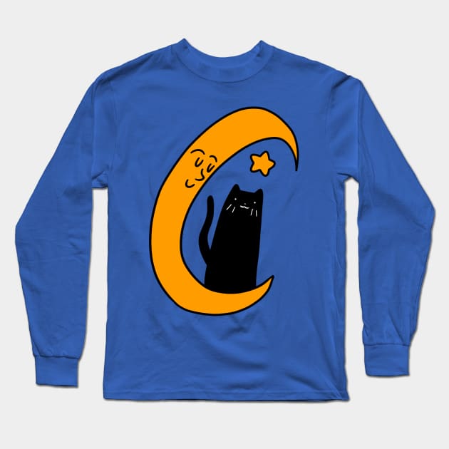 Crescent Moon Star and Black Cat Long Sleeve T-Shirt by saradaboru